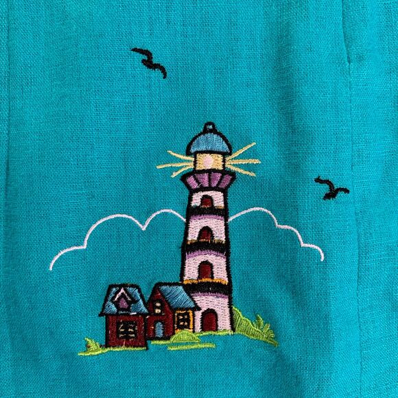 Vintage Dress Linen Embroidered 12 14 XL Lighthouses Nautical Marine Blue Teal - Picture 13 of 16